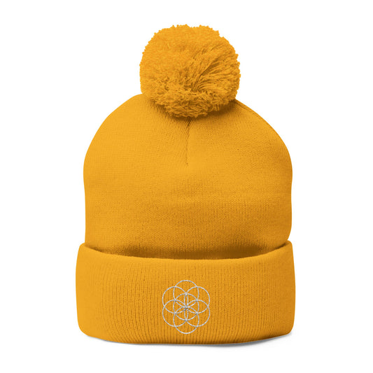 Embroidered Flower of Life Pom-Pom Knit Cap