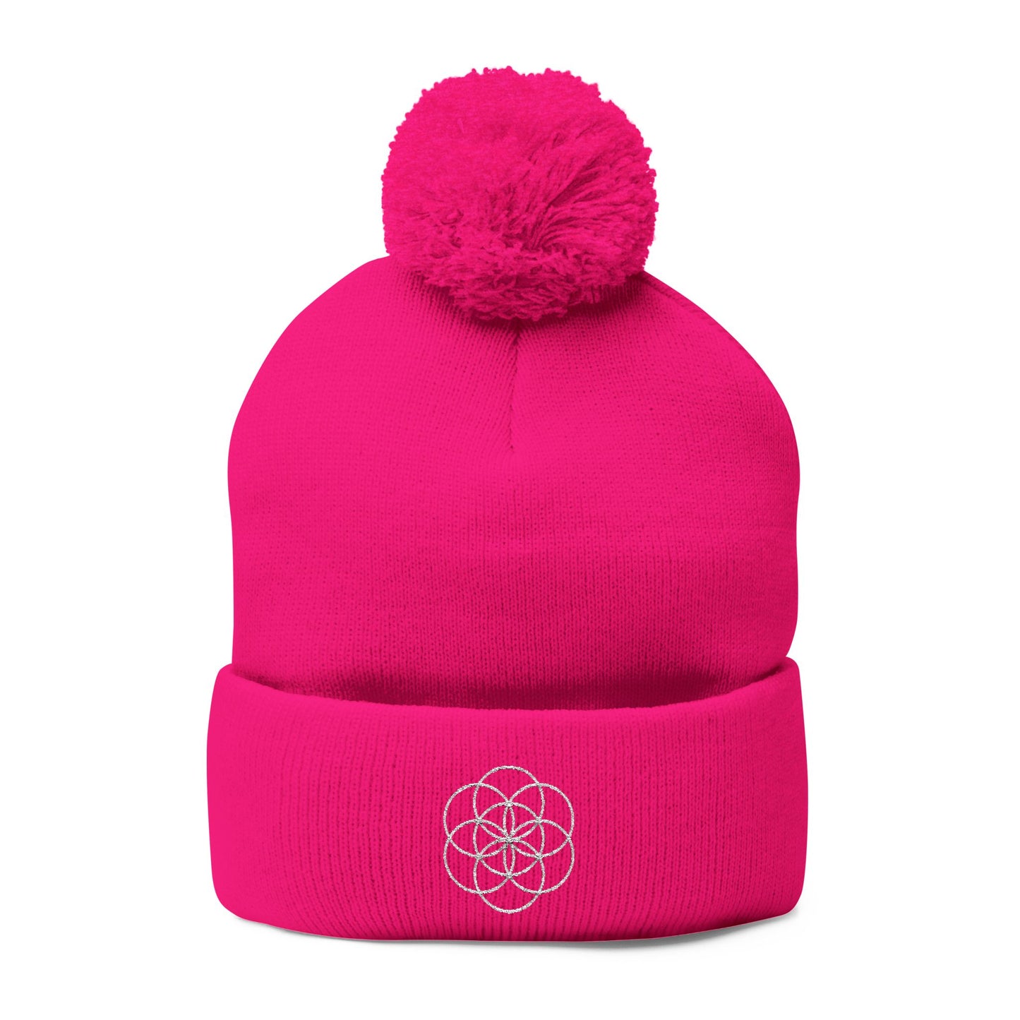 Embroidered Flower of Life Pom-Pom Knit Cap