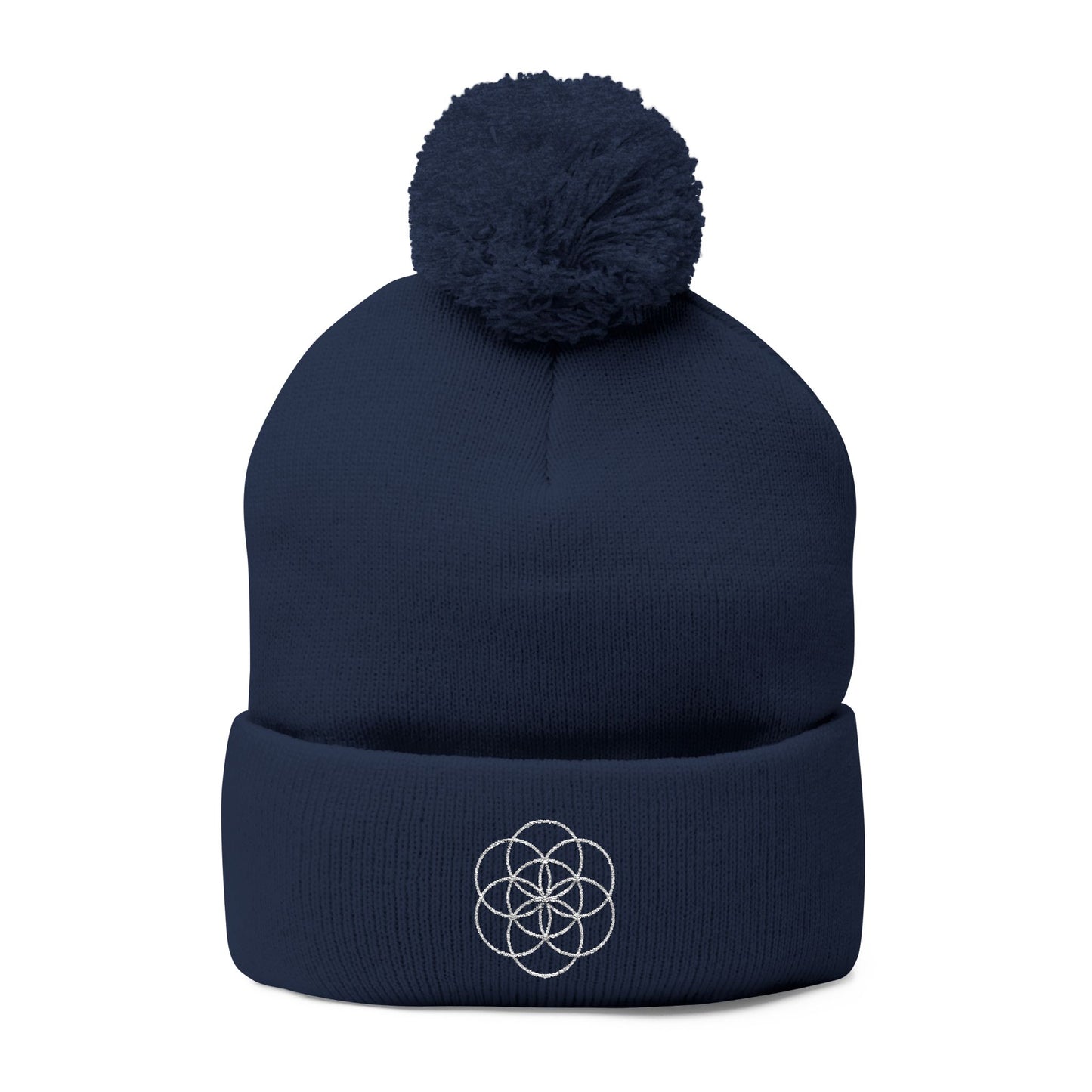 Embroidered Flower of Life Pom-Pom Knit Cap
